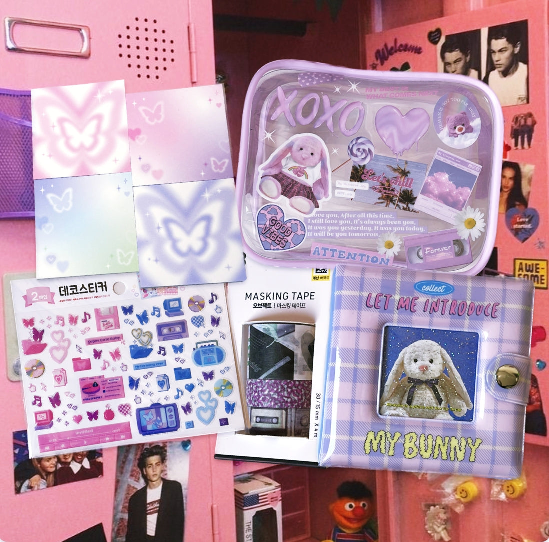 korean stationery, including y2k vinyl pouch with bunny, y2k butterfly memopads, kpop photocard toploader stickers, photocard album, y2k washi tape